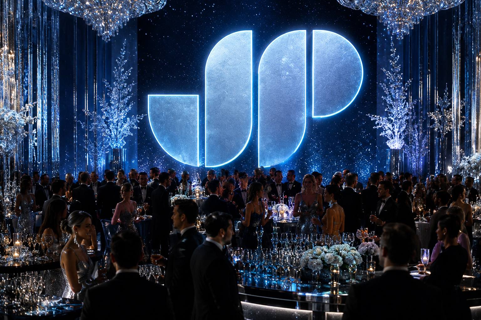 A candlelit ballroom in deep blue and silver, the JDP monogram glowing above the dance floor